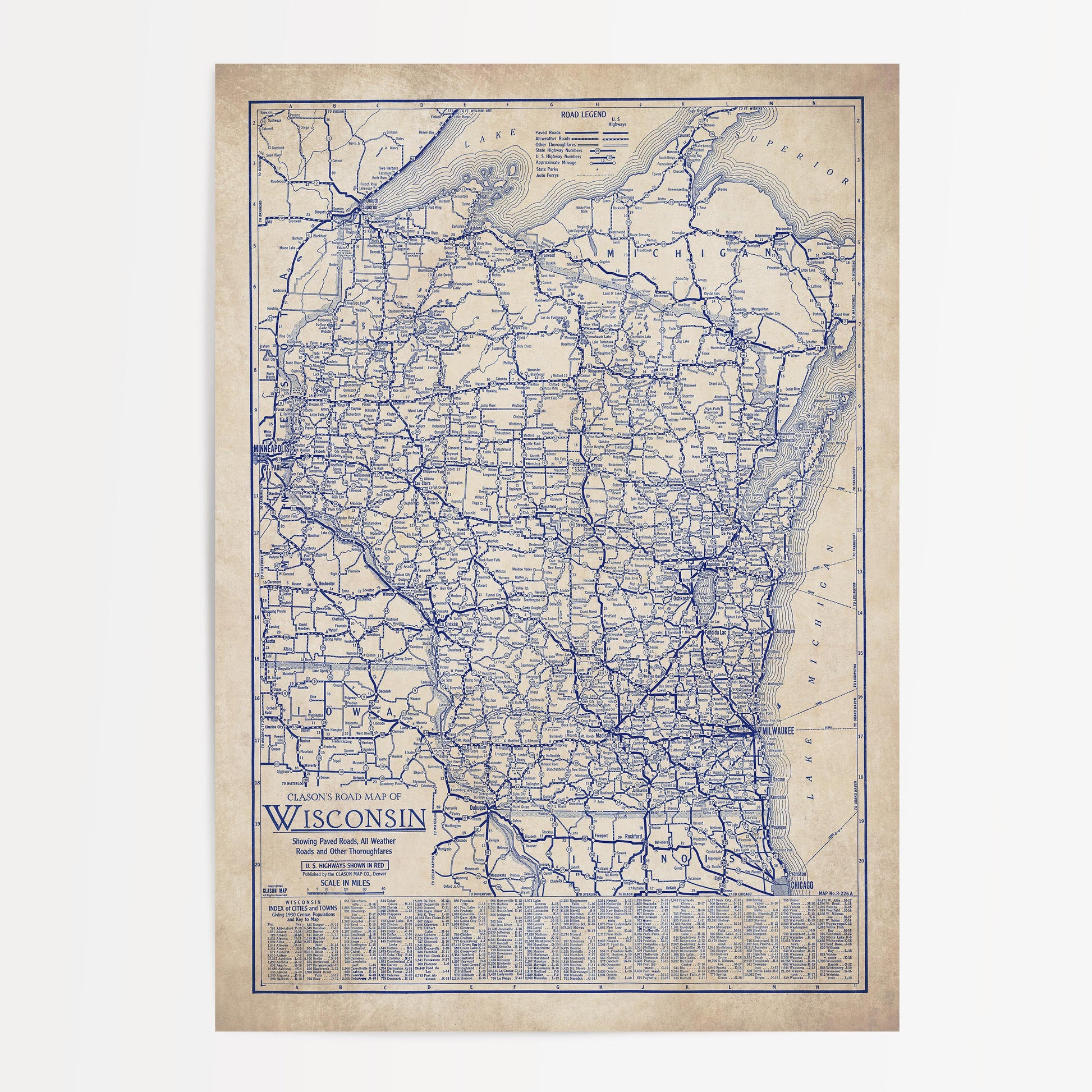 The image is a vintage road map of Wisconsin, showing the state's roads, highways, and major cities.