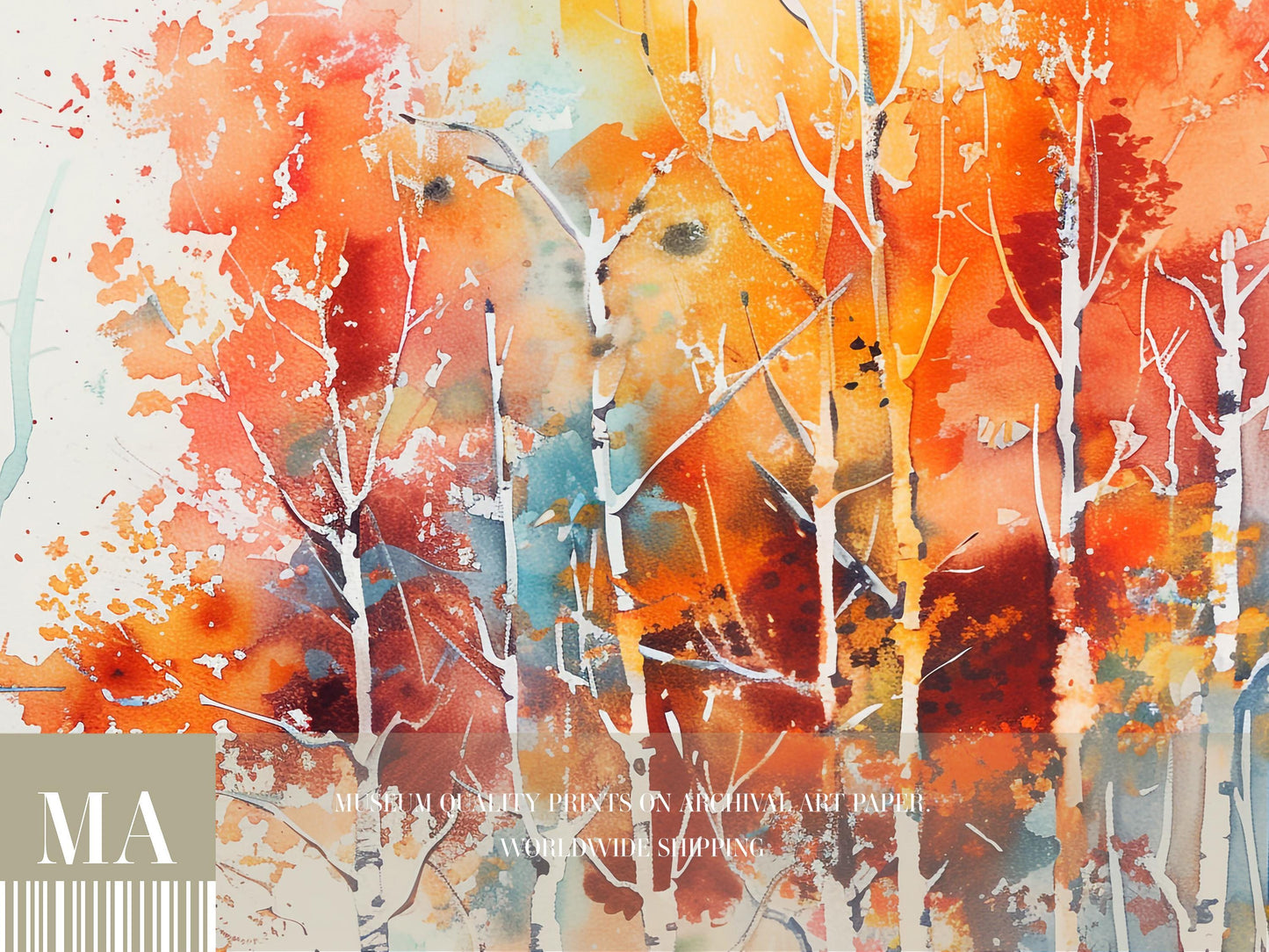 Autumn Birch Trees Watercolour Print