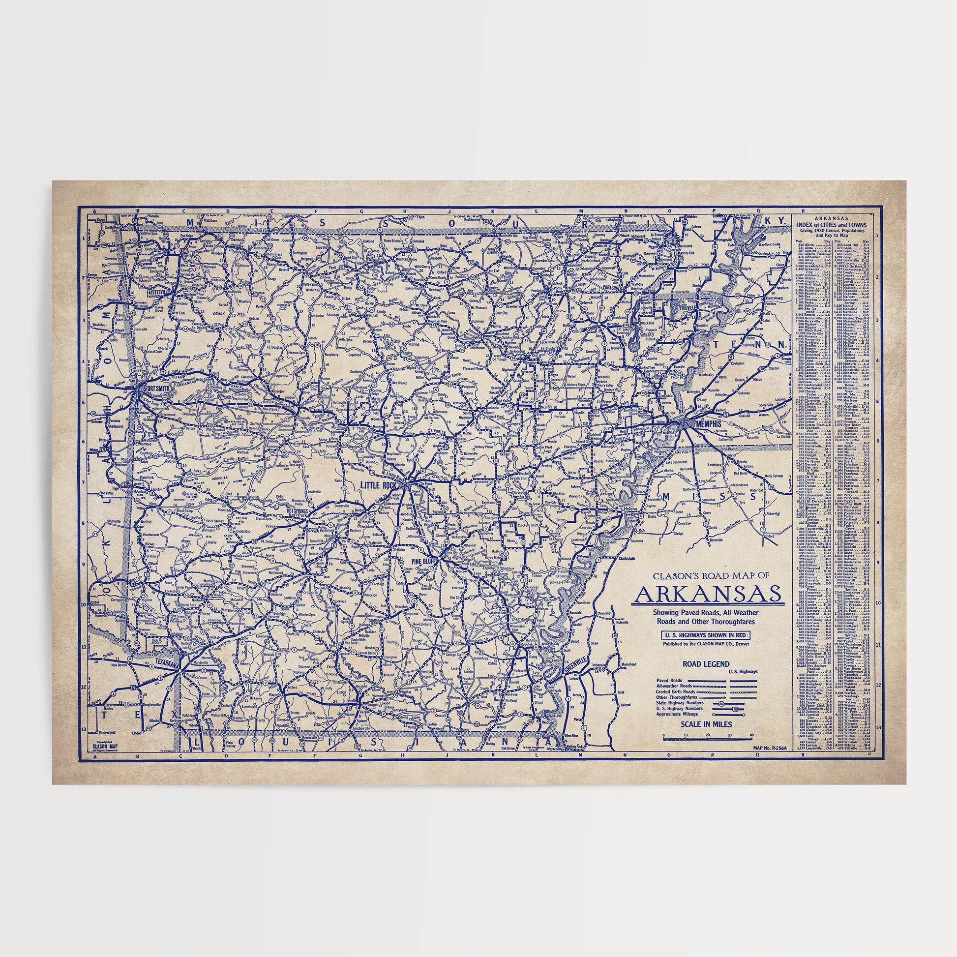 The image is a vintage map of Arkansas, showing the state's roads and highways in blue.