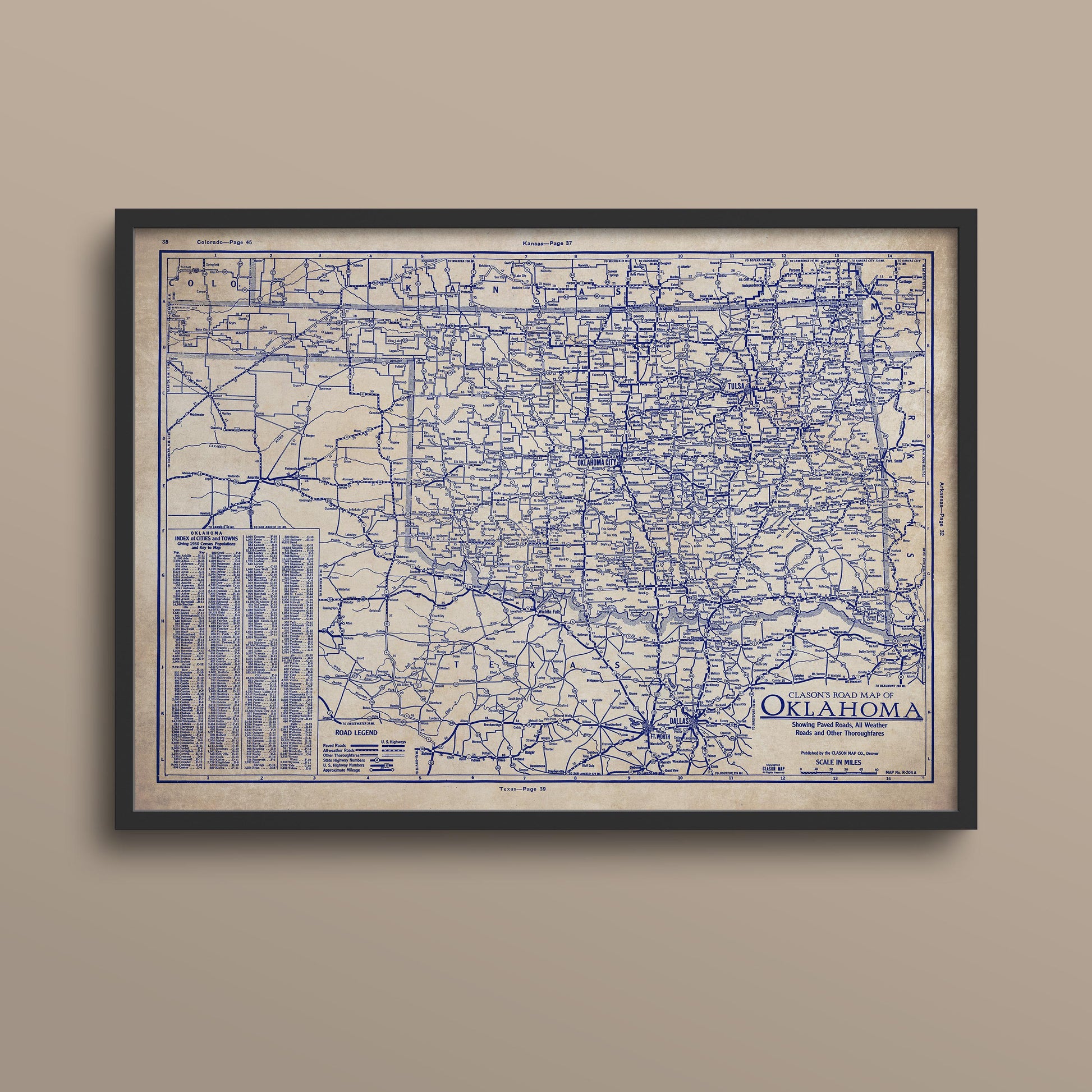 The image is a framed vintage map of Oklahoma, showing the state's roads and highways in a detailed and detailed manner.