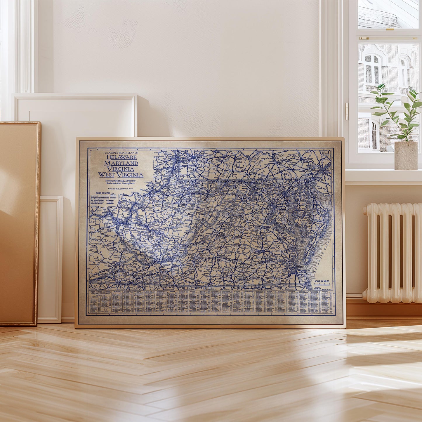 a framed map of Virginia, specifically the Washington, Virginia region, with a detailed blue and white color scheme.
