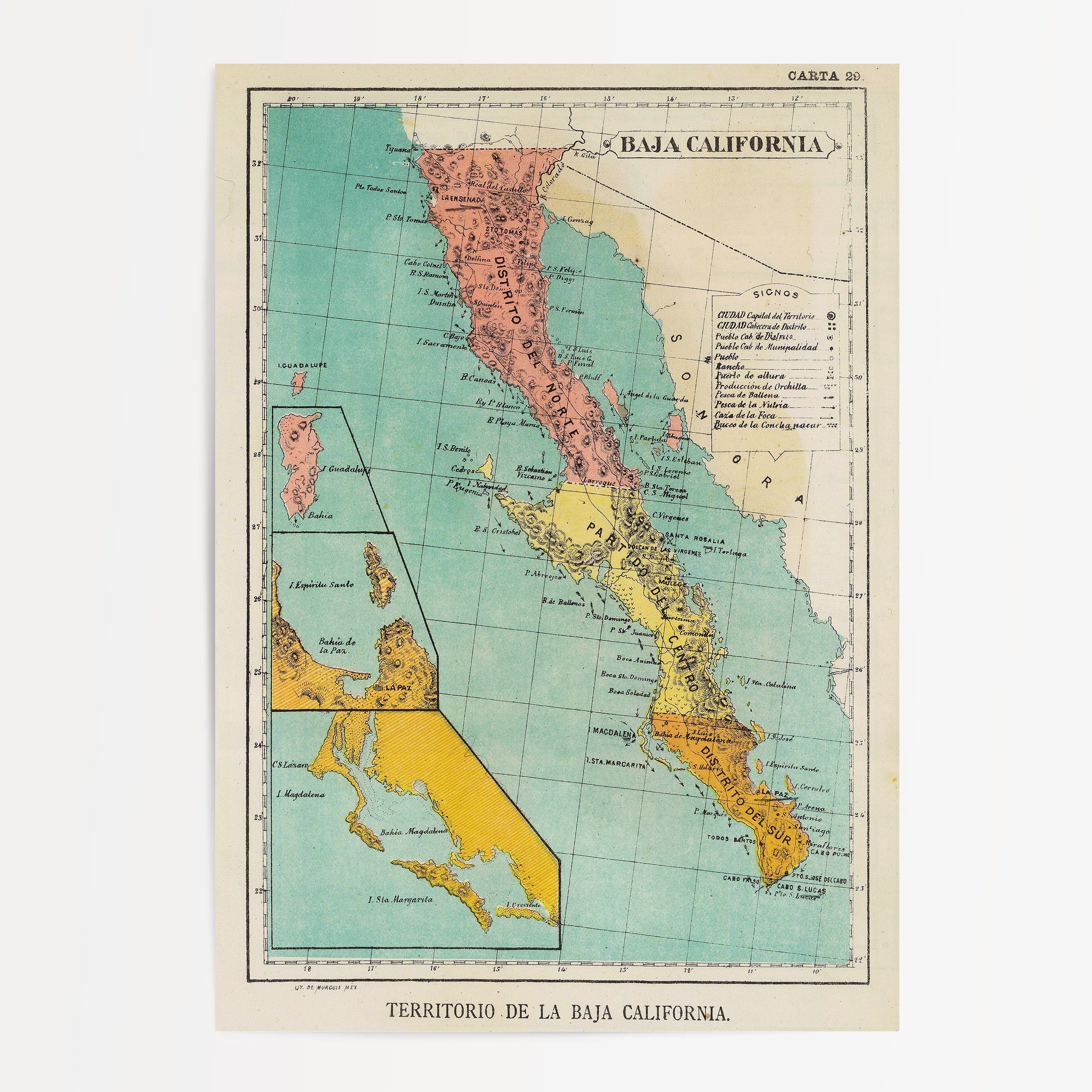 The image is a vintage map of the Baja California region, showing the coastline, islands, and surrounding areas.