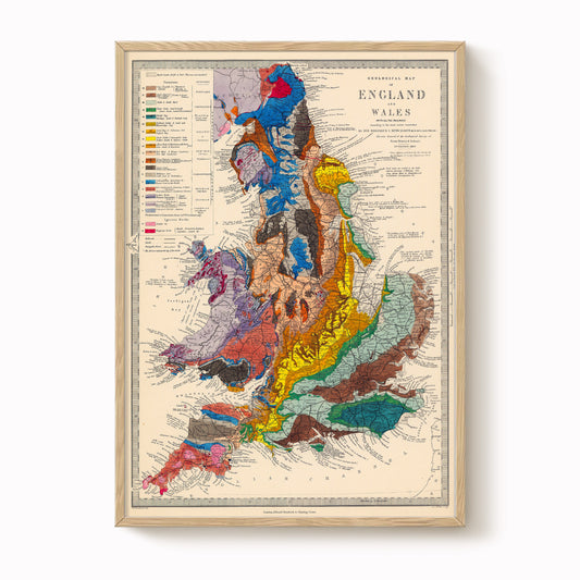 The image is a detailed geological map of England and Wales, showing the various geological features and formations of the region.