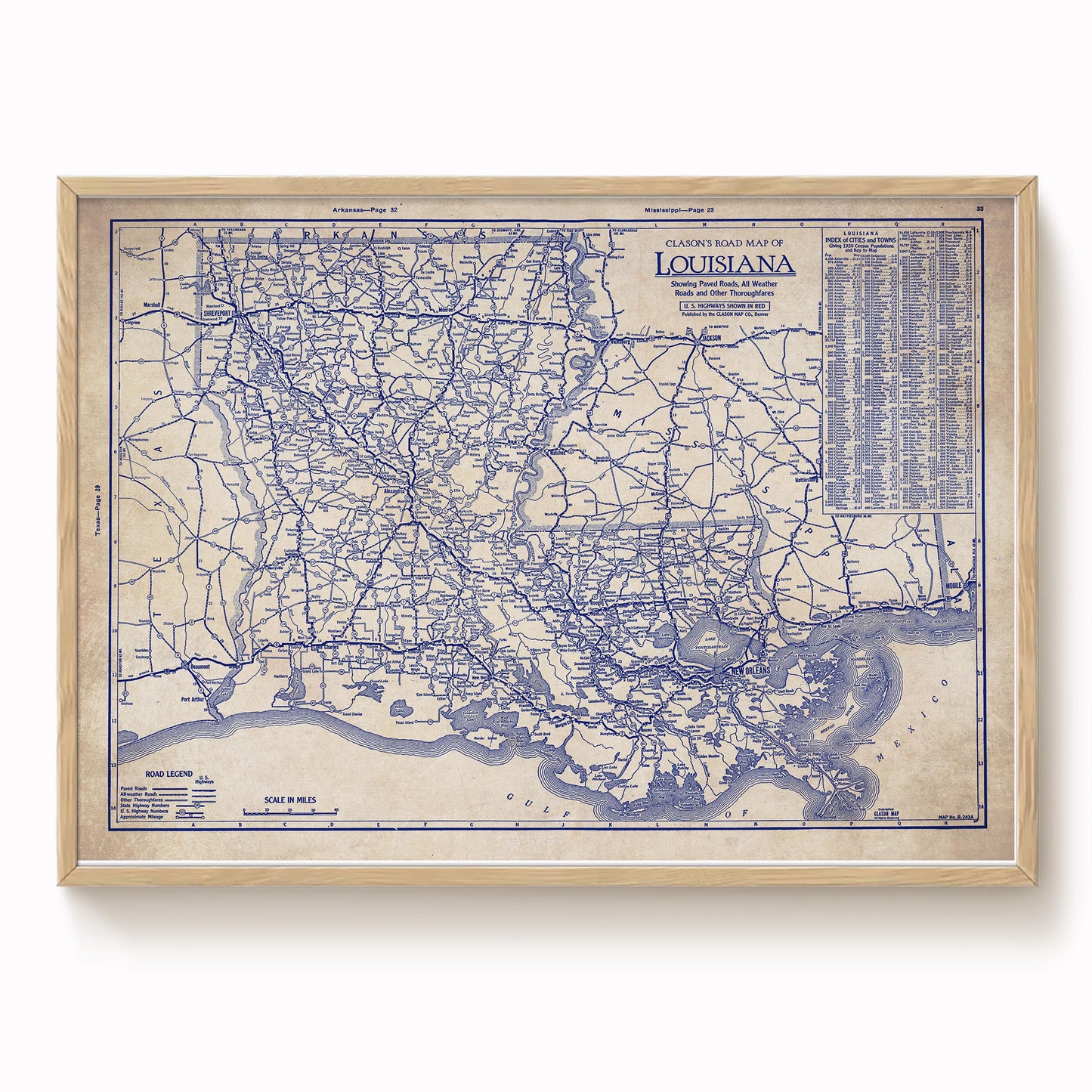 The image is a framed vintage map of Louisiana, depicting the state's roads and highways in a detailed and intricate manner.