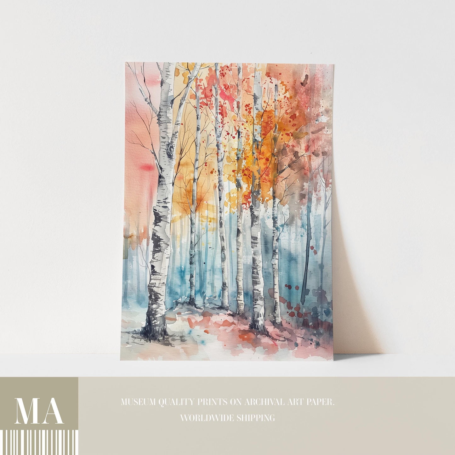 Autumn Birch Trees Watercolour Print
