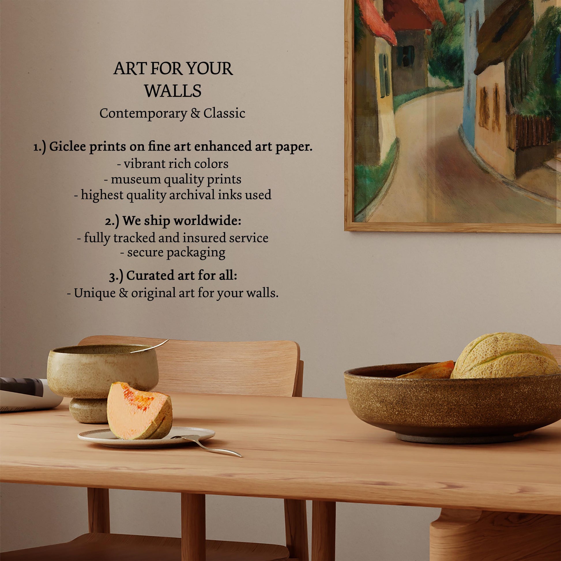 The image is a collage of various artworks and objects, including a painting, a bowl of fruit, and a wooden table. The artworks are displayed on a wall, and the image includes text descriptions of the artworks and their features.
