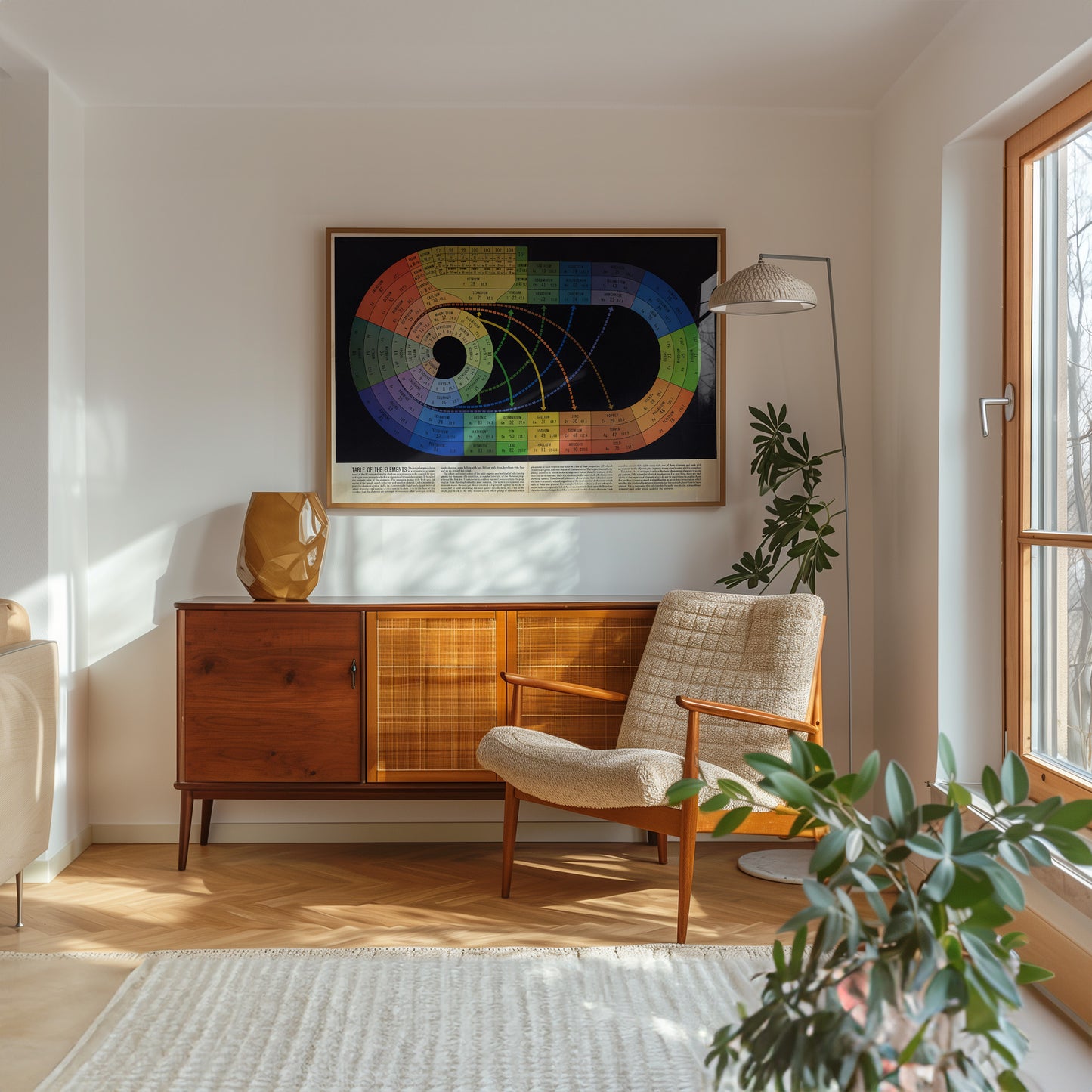 a cozy living room with a wooden cabinet, a beige armchair, a large abstract painting on the wall, and a potted plant.