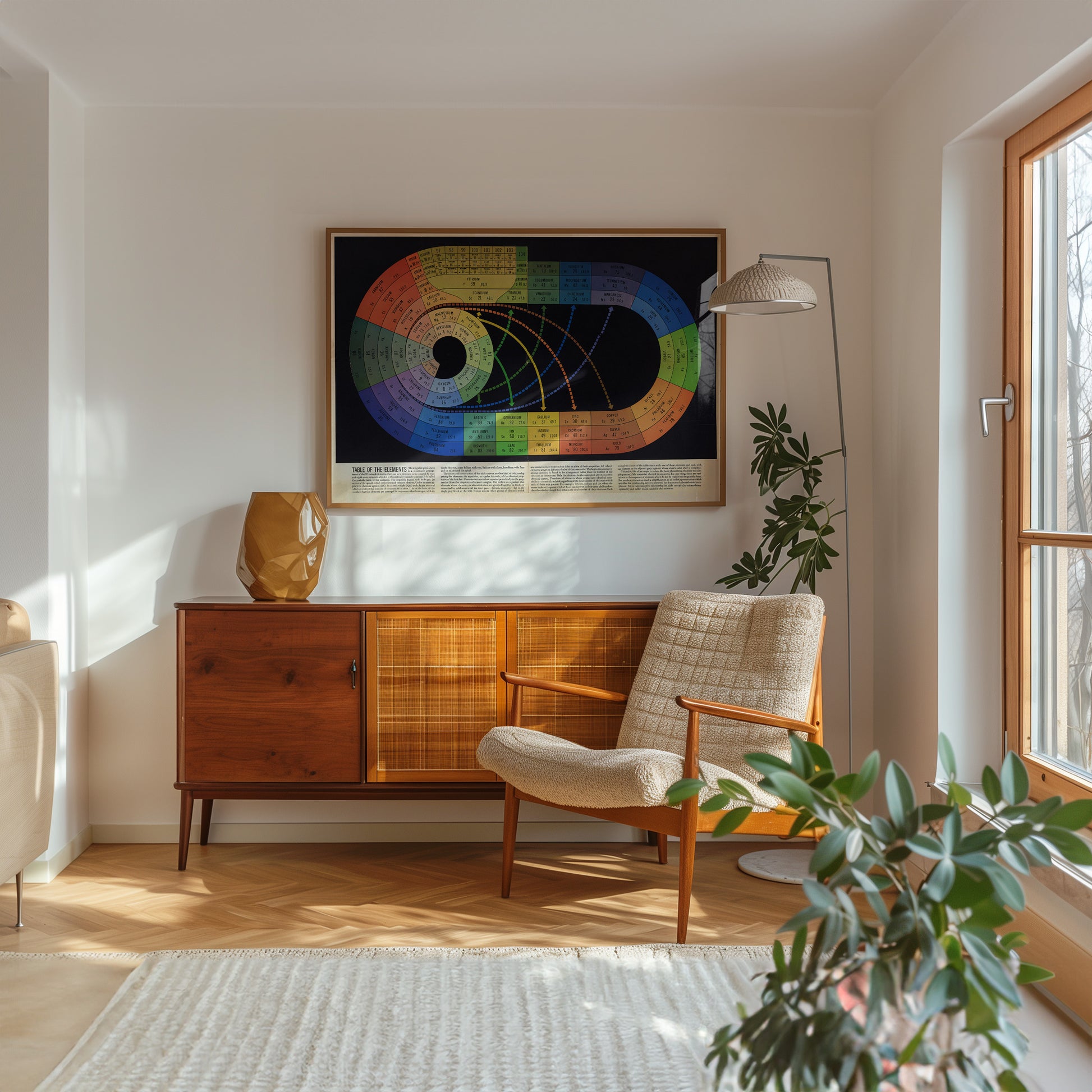 a cozy living room with a wooden cabinet, a beige armchair, a large abstract painting on the wall, and a potted plant.