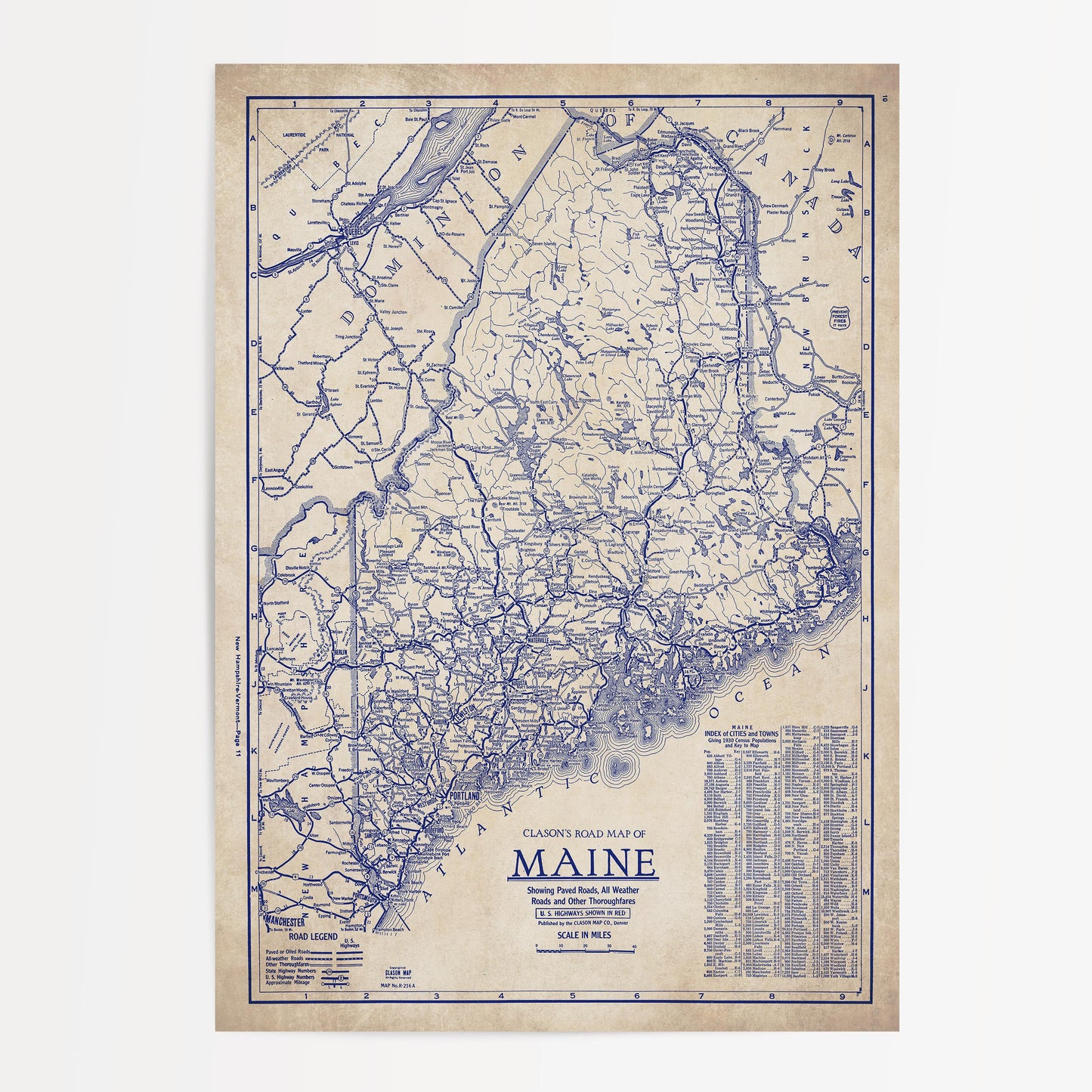 The image is a vintage road map of Maine, showing the state's roads and highways in a detailed and detailed manner.
